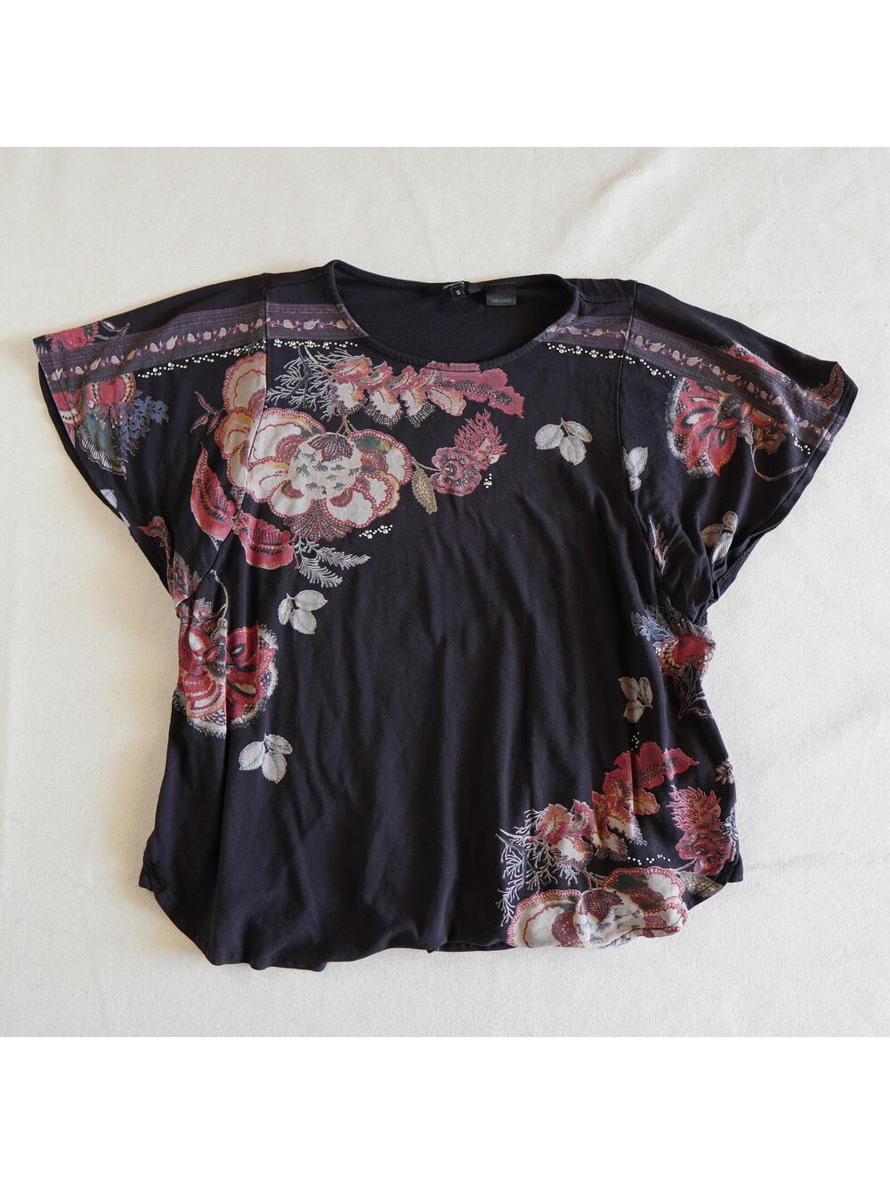 Vtg Y2K Desigual Brown Floral Bling Tee Flowy Fairy Grunge Festival